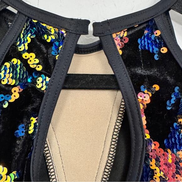 Weissman Costumes Adult Small Sequined Black Velvet Shorts Leotard Sheer Sleeve - Picture 6 of 10